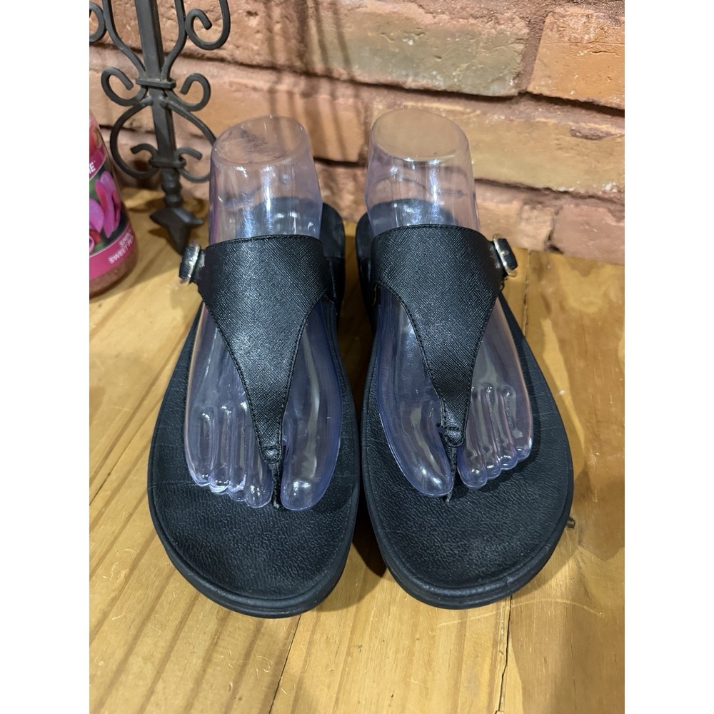 FitFlop Lulu 9 Skinny Black Leather Thong Buckle Wedge Slide Sandals Flip Flops